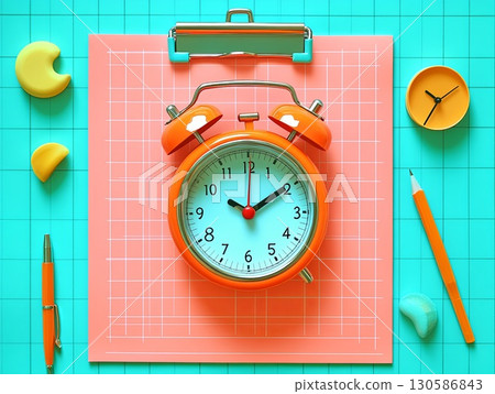 Colorful alarm clock on a grid background with stationery items 130586843