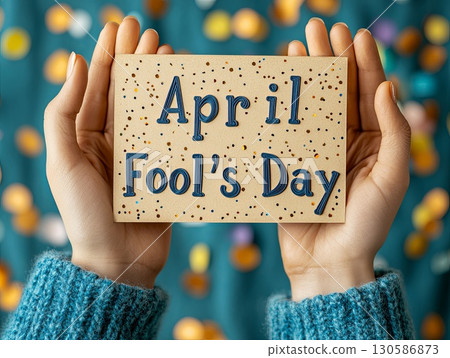 Celebrating April Fools Day with a colorful sign held by hands 130586873