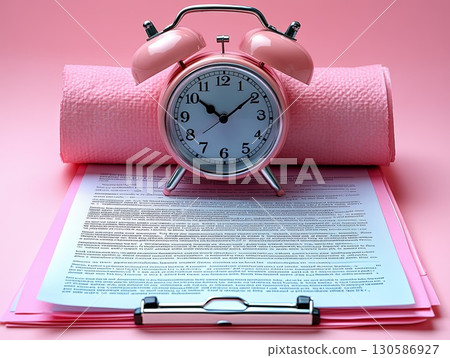 Pink alarm clock on rolled paper with document on clipboard, time management 130586927