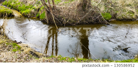Serene River Flowing Through a Park, Reflecting Trees and Sky Serene River Flowing Through a Park, Reflecting Trees and Sky 130586952
