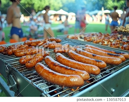 Grilled sausages sizzling on barbecue grill at outdoor summer party with people Grilled sausages sizzling on barbecue grill at outdoor summer party with people 130587013