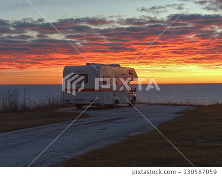 Scenic sunset view with a camper van parked by the ocean 130587059