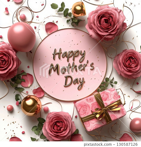 Celebratory arrangement of pink roses, balloons, and a gift box for Mother's Day 130587126