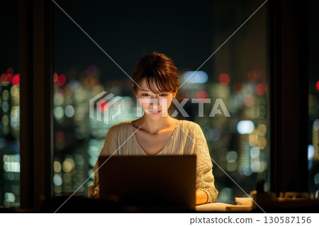 Japanese businesswoman shining in a big city office 130587156