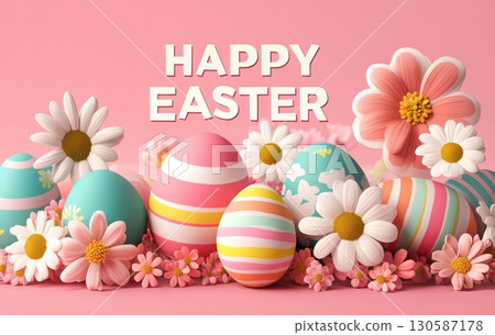Colorful Easter eggs and flowers arranged beautifully on a pink background  130587178
