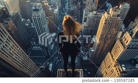 Woman standing on rooftop overlooking city skyline at sunset Woman standing on rooftop overlooking city skyline at sunset 130587185