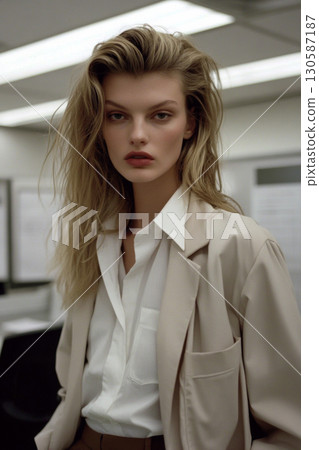 Confident young woman in a stylish outfit with tousled hair  130587187