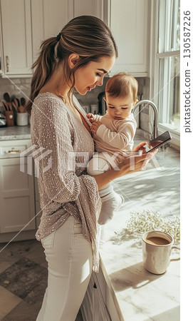 Mother holding baby while using smartphone in bright kitchen Mother holding baby while using smartphone in bright kitchen 130587226