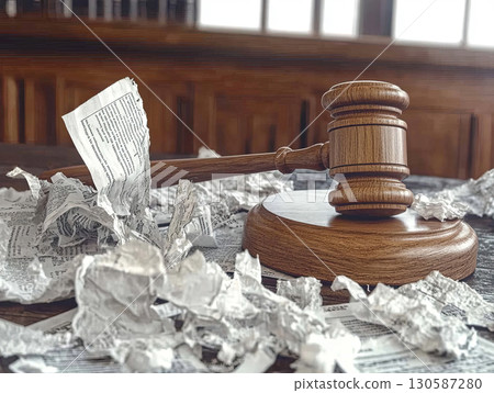 Justice gavel resting on a wooden table surrounded by crumpled papers  130587280