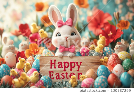 Cute bunny with colorful eggs and flowers celebrating Easter 130587299