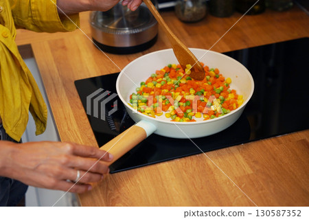 Young woman is broadcasting live from workshop how to prepare a vegetarian food Young woman is broadcasting live from workshop how to prepare a vegetarian food 130587352