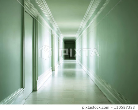 Long empty corridor with green walls and bright light at the end Long empty corridor with green walls and bright light at the end 130587358