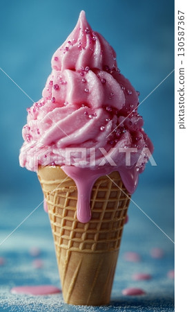Delicious pink ice cream cone with creamy texture and vibrant color melting  130587367