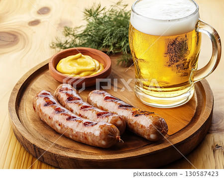 Grilled sausages served with mustard and a refreshing beer in a wooden plate 130587423