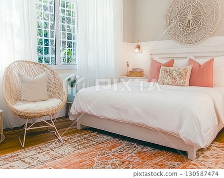 Cozy modern bedroom with soft colors, stylish decor, and natural light  130587474