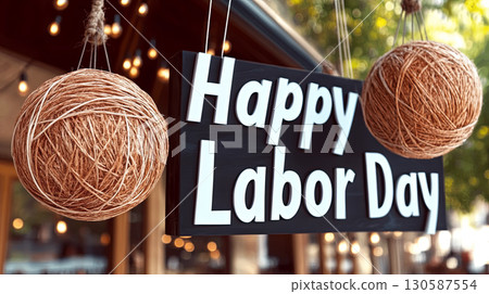 Celebratory sign displaying Happy Labor Day with decorative twine balls 130587554