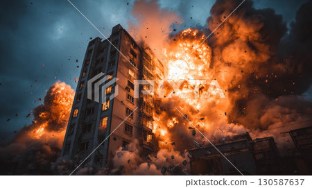 Explosive demolition of a high-rise building with dramatic fire and smoke effects in urban setting 130587637