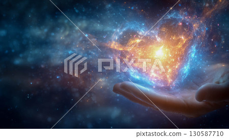 Hand holding glowing heart-shaped galaxy in a cosmic space with vibrant colors and stars Hand holding glowing heart-shaped galaxy in a cosmic space with vibrant colors and stars 130587710