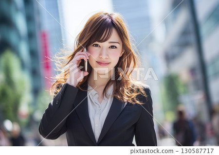A young Japanese businesswoman walking briskly through an office district 130587717