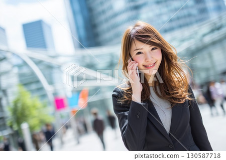 A young Japanese businesswoman walking briskly through an office district 130587718
