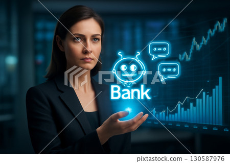 AI generated image of a confident businesswoman using AI chatbot technology for financial business decisions with real-time data analysis. Represents fintech, automation, and future leadership. 130587976