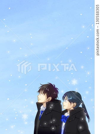 Snow falling quietly, anime-style illustration of high school or junior high school boys and girls looking up at the sky, with white space on the left 130588305