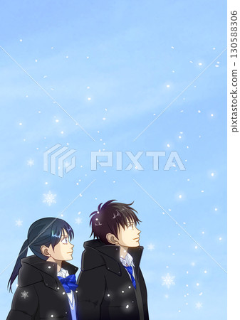 Snow falling quietly, anime-style illustration of high school or junior high school boys and girls looking up at the sky, with white space on the right 130588306