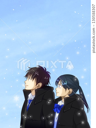 雪花靜靜地飄落，高中或國中男生和女生仰望天空的動漫風格插畫 130588307
