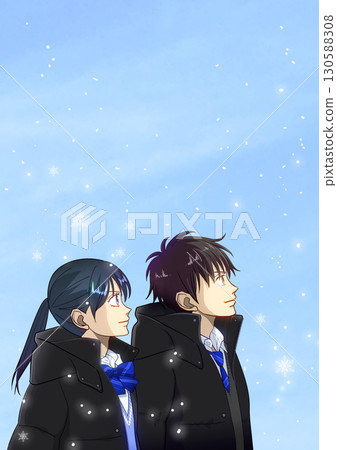 雪花靜靜地飄落，高中或國中男生和女生仰望天空的動漫風格插畫 130588308