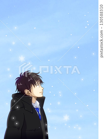 Snow falling gently, anime-style illustration of a high school or junior high school boy, white space on the right Snow falling gently, anime-style illustration of a high school or junior high school boy, white space on the right 130588310