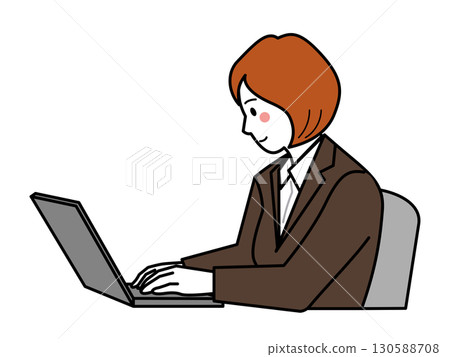 Brown suit. A woman operating a computer seen from the side 130588708