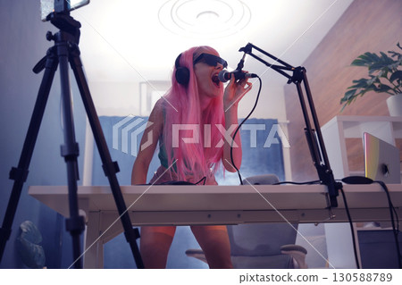 Beautiful young singer and musician broadcast from her home studio 130588789