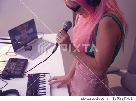Beautiful young singer and musician broadcast from her home studio 130588791