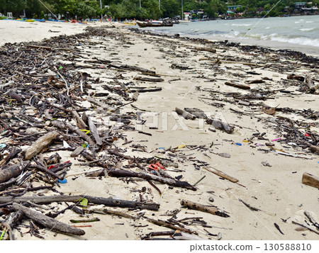 A beach heavily littered with wood and plastic A beach heavily littered with wood and plastic 130588810