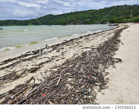 A beach heavily littered with wood and plastic A beach heavily littered with wood and plastic 130588813