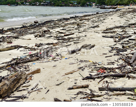 A beach heavily littered with wood and plastic A beach heavily littered with wood and plastic 130588819