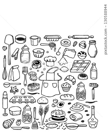 illustration of various kitchen items and food ingredients arranged randomly 130588944
