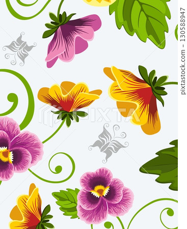 vibrant floral pattern featuring colorful flowers and lush green leaves for design or fabric use vibrant floral pattern featuring colorful flowers and lush green leaves for design or fabric use 130588947