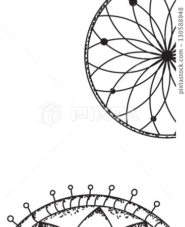 intricate black and white circular geometric patterns with lines and dots 130588948