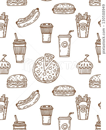 cosmic fast food themed seamless pattern with burgers fries pizza and drinks in line art style 130588949