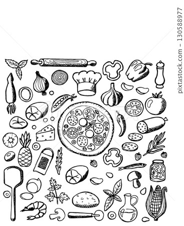 delicious homemade pizza with fresh ingredients and toppings in black and white sketch 130588977
