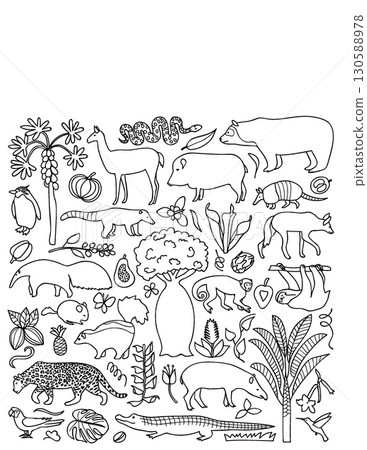 detailed black and white line drawing of various wild jungle animals and plants in a natural habitat scene 130588978