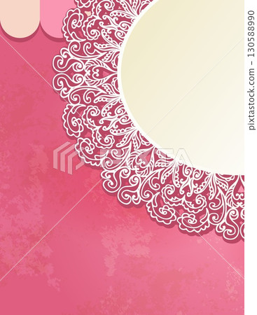 decorative round mirror with intricate white lace-like border on pink background decorative round mirror with intricate white lace-like border on pink background 130588990