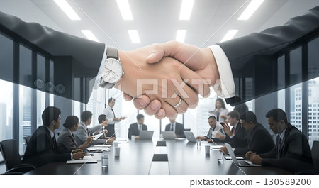 Successful partnerships portrayed through handshake over meeting scene depicting global business Successful partnerships portrayed through handshake over meeting scene depicting global business 130589200
