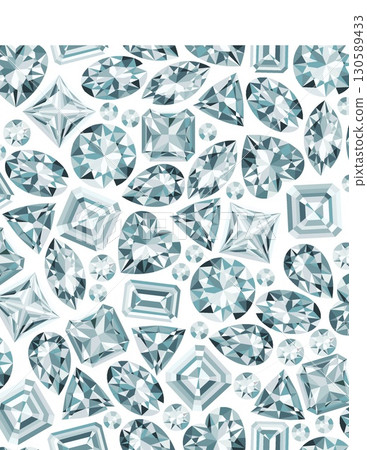 close-up of assorted clear and sparkling diamonds with intricate cuts and facets 130589433