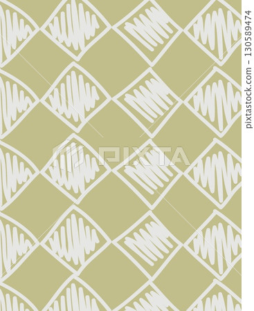 repeating geometric pattern with diamond shapes and stylized white motifs on a light olive green background 130589474