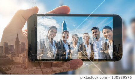 Teamwork showcased on a smartphone screen depicting a diverse group of professionals against an 130589576