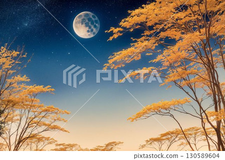 Full moon, starry sky, and golden trees 130589604