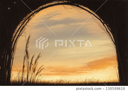 A beautiful sunset and Japanese pampas grass seen from a wooden arch 130589610
