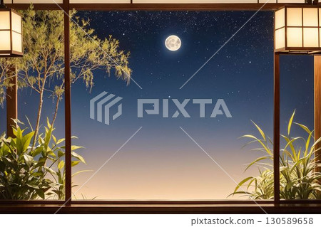 The full moon and starry sky seen from the window of a Japanese-style room 130589658